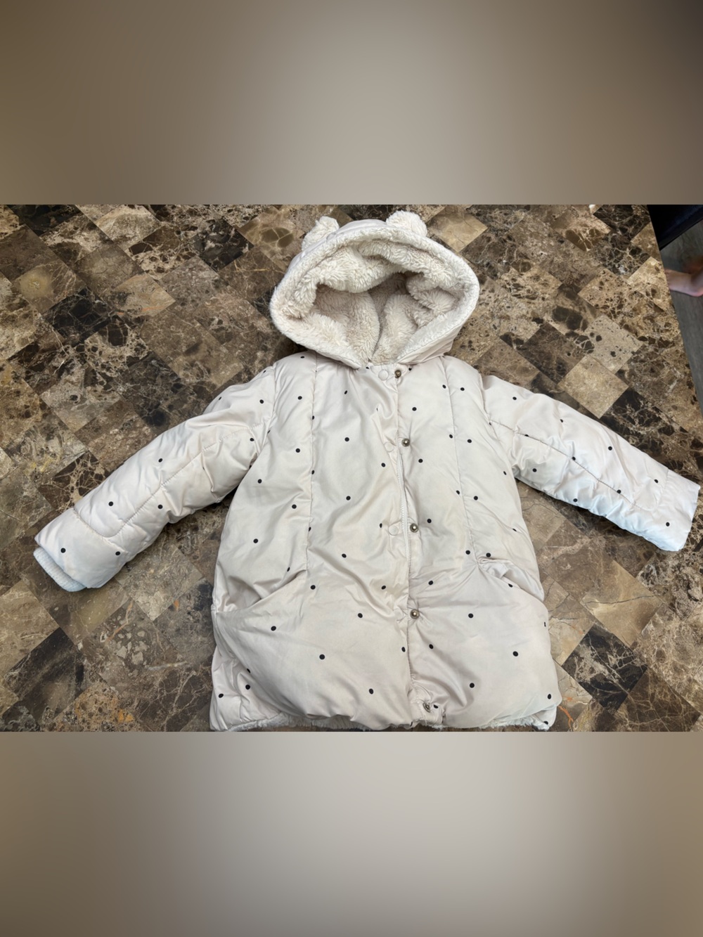 Zara Cream Hooded Puffer Jacket with Black Dot Print 4-6 years